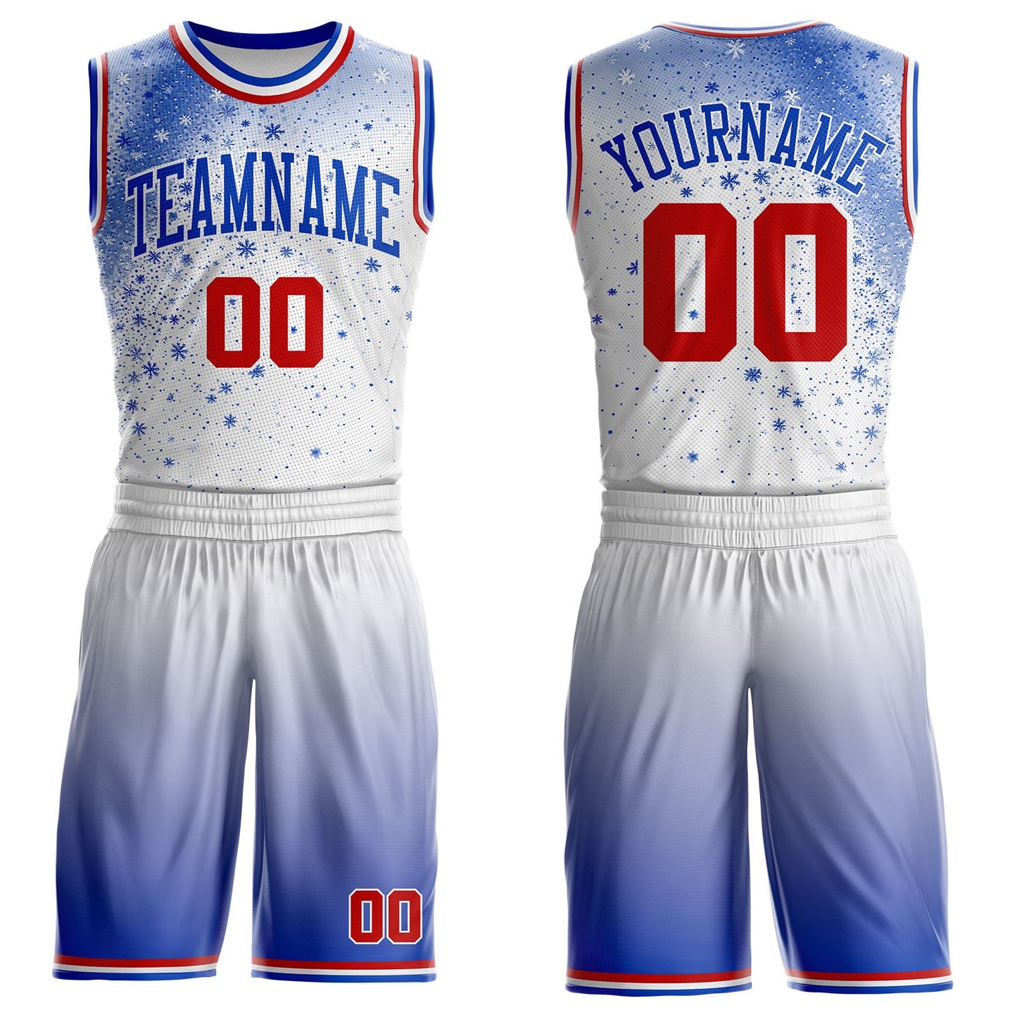 Custom White Red-Thunder Blue Winter Snowflake Gradient Round Neck Sublimation Basketball Uniform Jersey - Main View