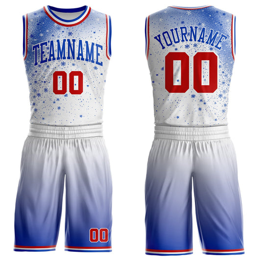 Custom White Red-Thunder Blue Winter Snowflake Gradient Round Neck Sublimation Basketball Uniform Jersey - Main View