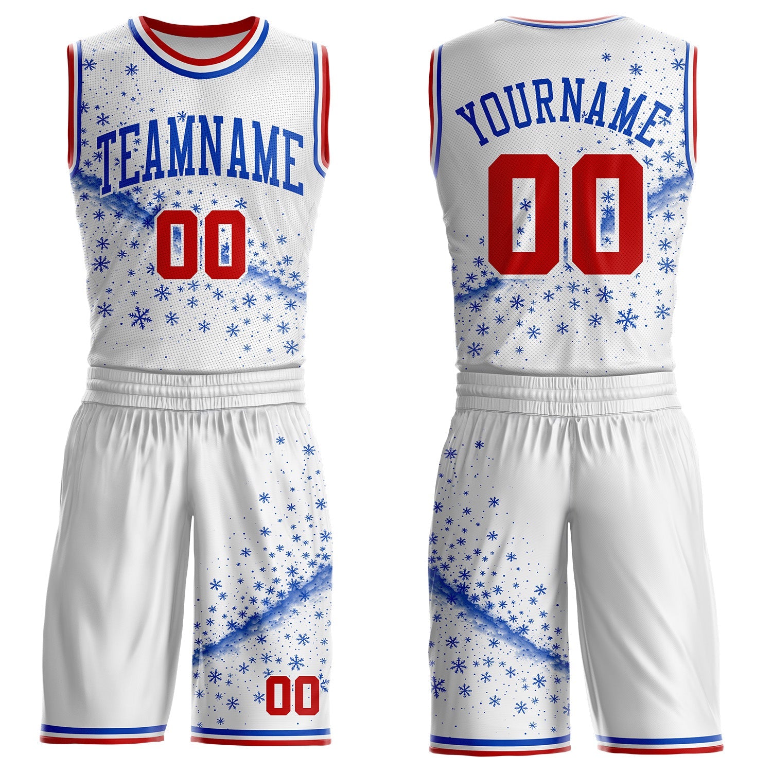 Custom White Red-Thunder Blue Winter Snowflake Round Neck Sublimation Basketball Uniform Jersey - Main View