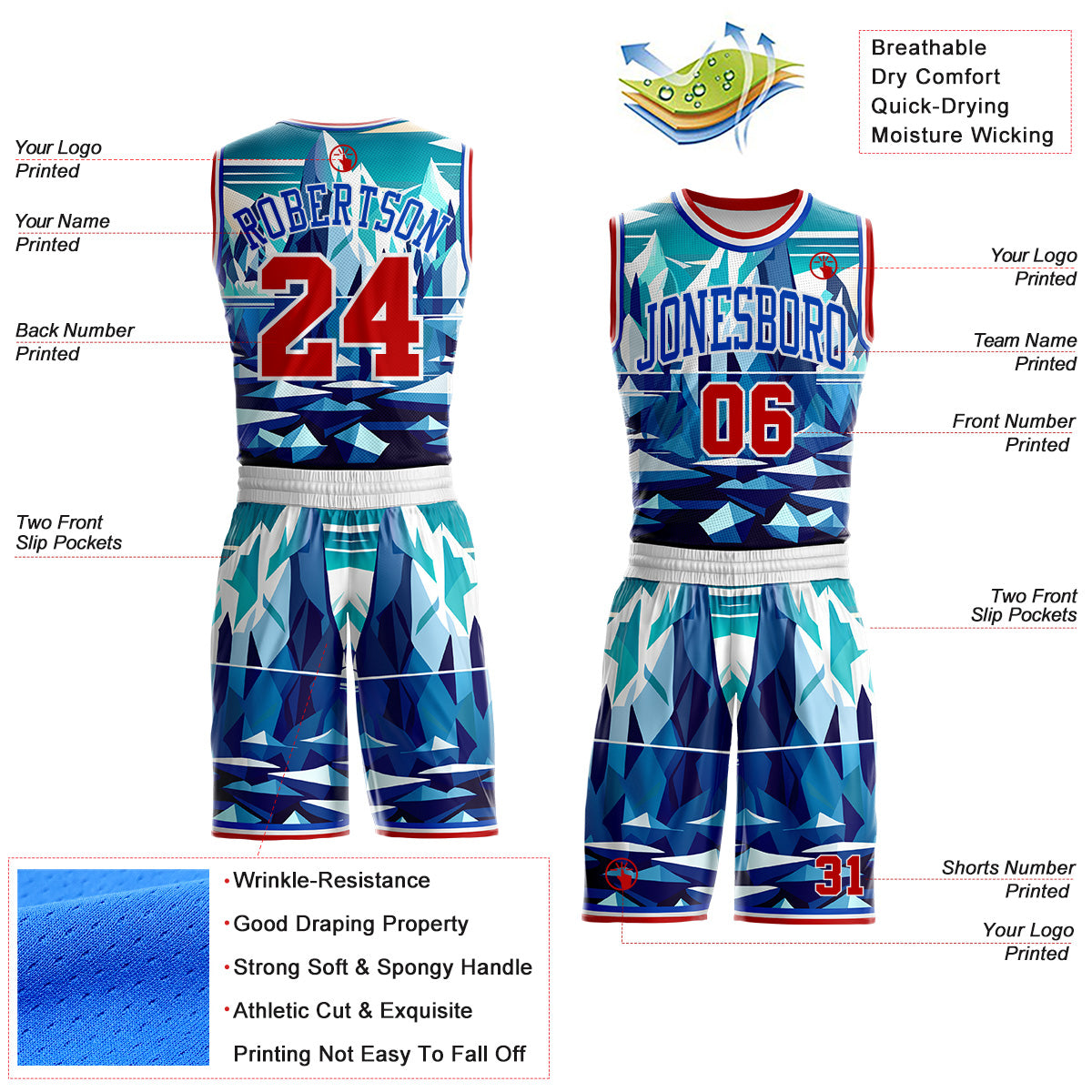 Custom Blue Red White-Thunder Blue Glacier Mountain Geometric Round Neck Sublimation Basketball Uniform Jersey view 2