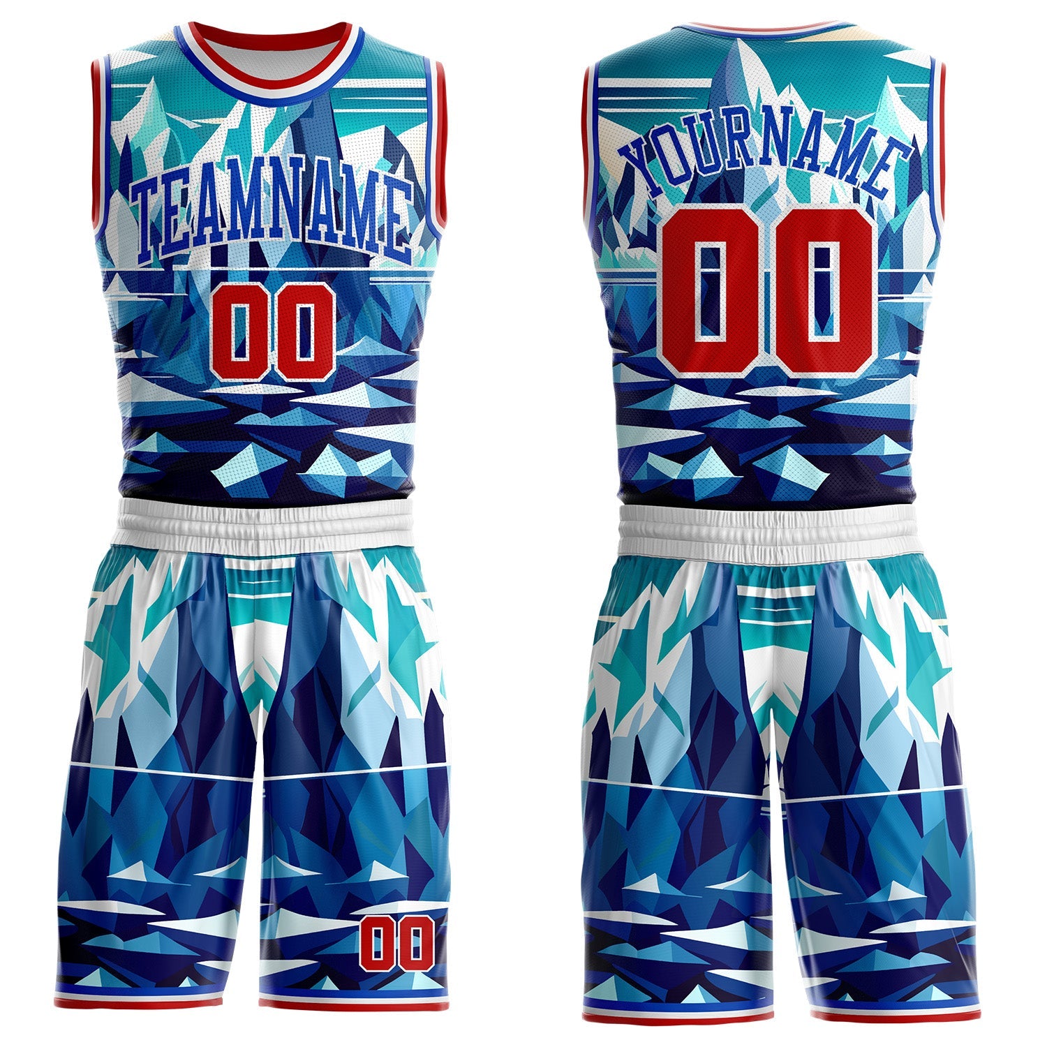 Custom Blue Red White-Thunder Blue Glacier Mountain Geometric Round Neck Sublimation Basketball Uniform Jersey - Main View