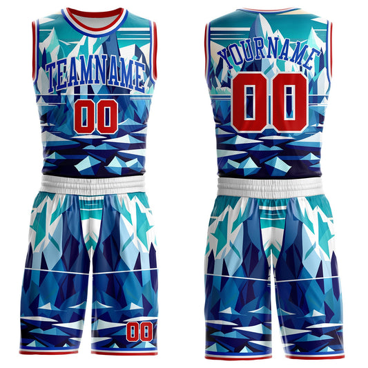 Custom Blue Red White-Thunder Blue Glacier Mountain Geometric Round Neck Sublimation Basketball Uniform Jersey - Main View