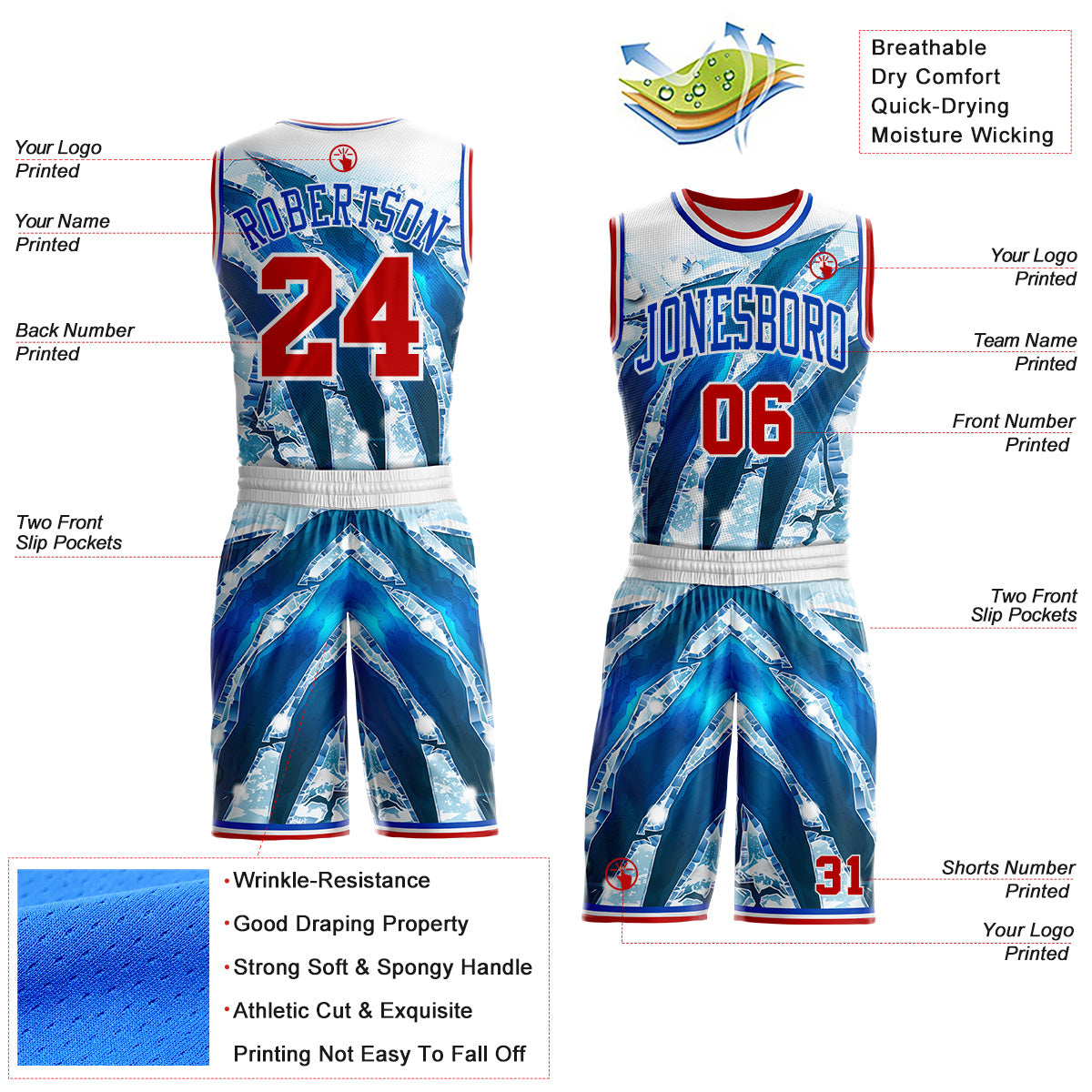 Custom White Red-Thunder Blue Winter Ice Round Neck Sublimation Basketball Uniform Jersey view 2