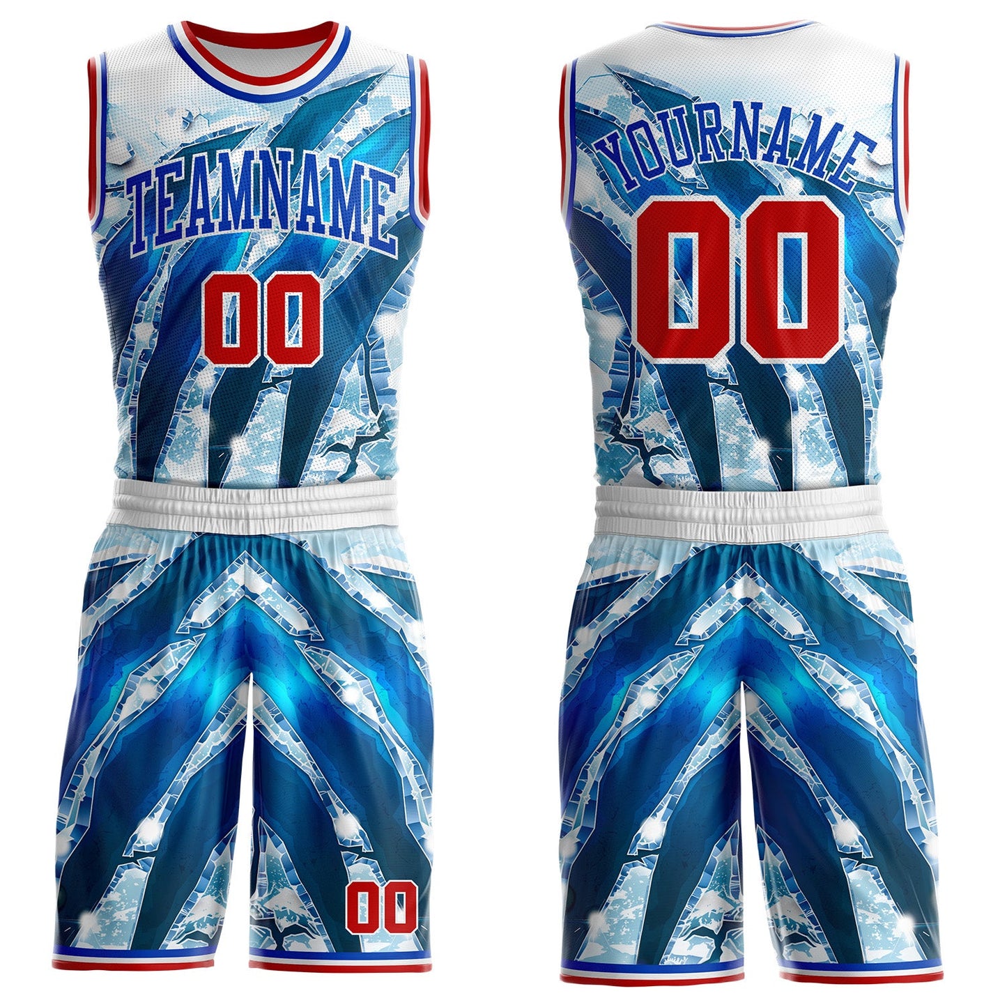 Custom White Red-Thunder Blue Winter Ice Round Neck Sublimation Basketball Uniform Jersey - Main View