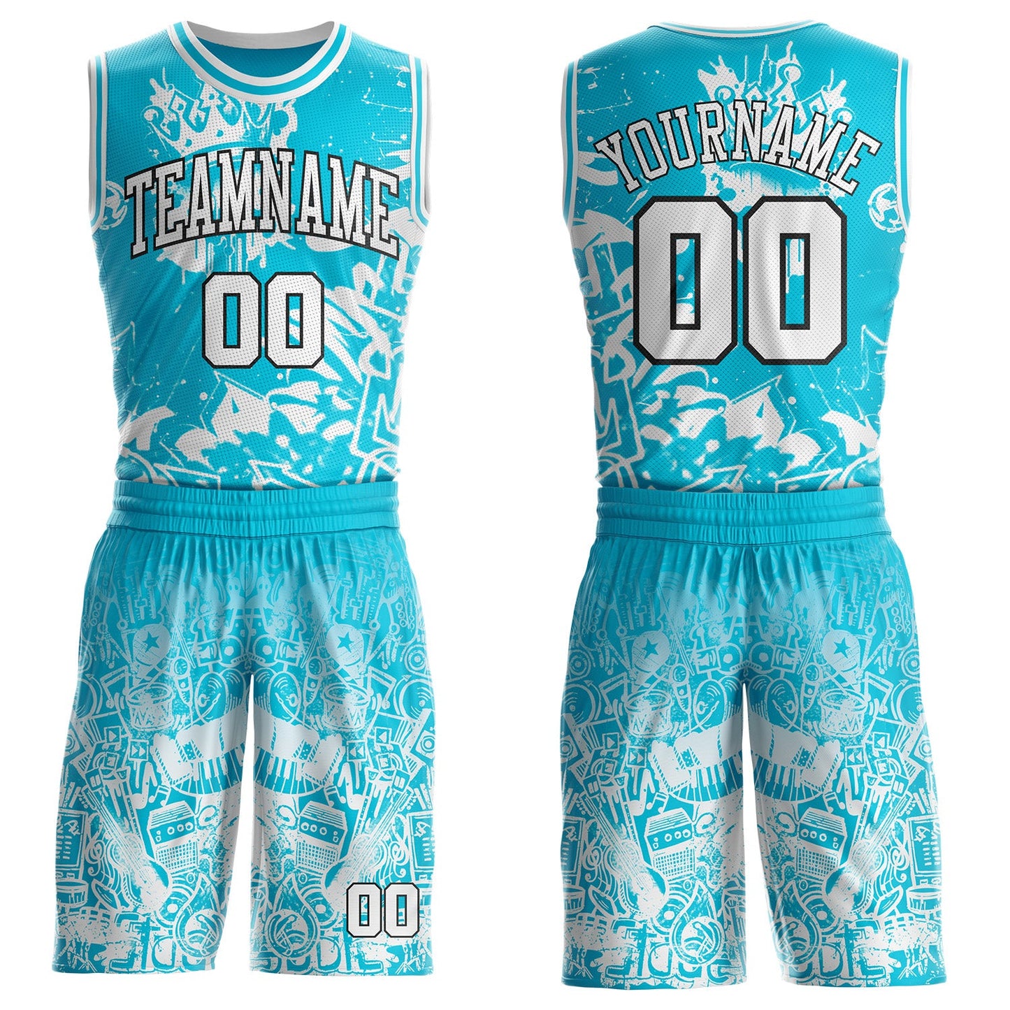 Custom Lakes Blue White-Black Music Street Graffiti Round Neck Sublimation Basketball Uniform Jersey - Main View
