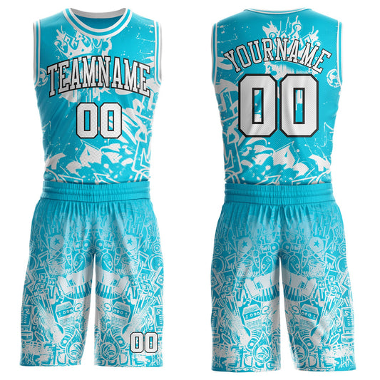 Custom Lakes Blue White-Black Music Street Graffiti Round Neck Sublimation Basketball Uniform Jersey - Main View