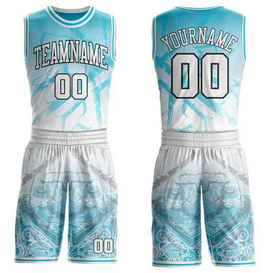 Custom Lakes Blue White-Black Music Street Graffiti Round Neck Sublimation Basketball Uniform Jersey - Main View