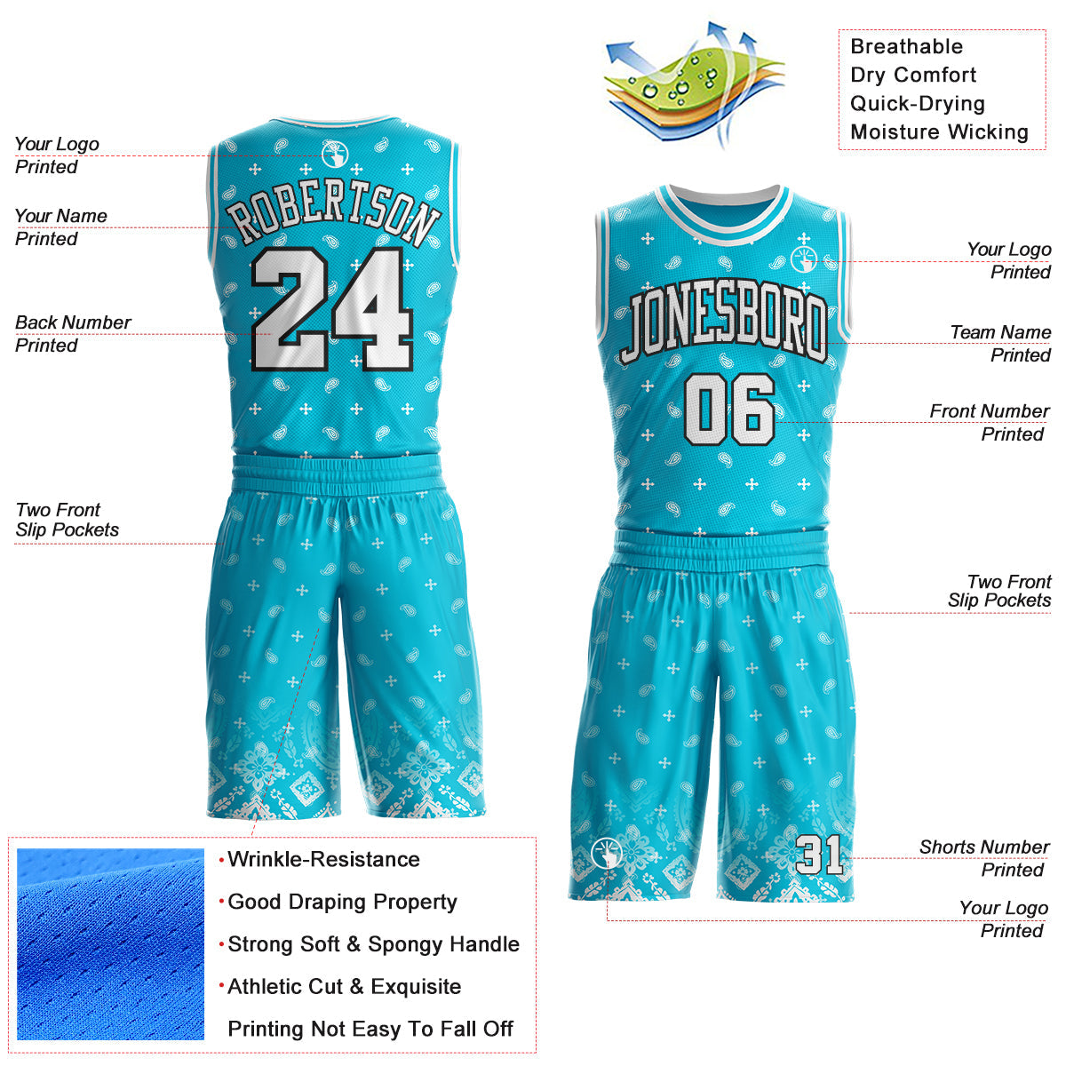 Custom Lakes Blue White-Black Paisley Bandana Round Neck Sublimation Basketball Uniform Jersey view 2