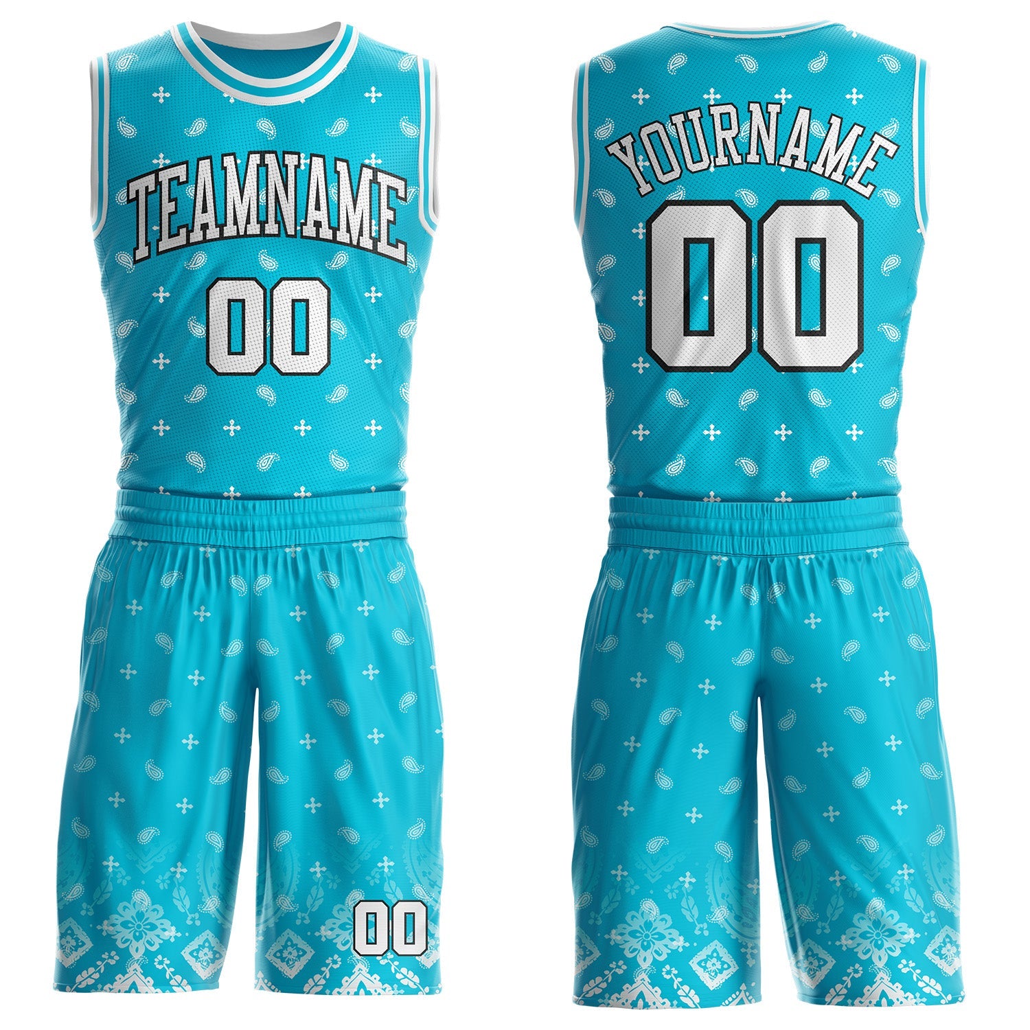 Custom Lakes Blue White-Black Paisley Bandana Round Neck Sublimation Basketball Uniform Jersey - Main View