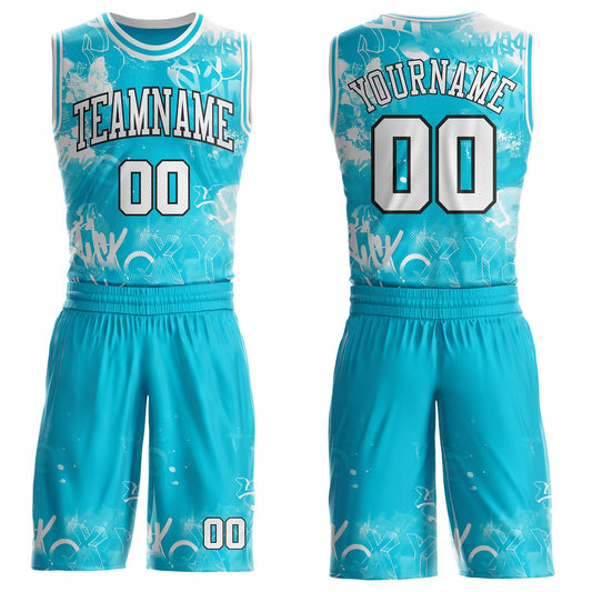 Custom Lakes Blue White-Black Hiphop Street Graffiti Round Neck Sublimation Basketball Uniform Jersey - Main View
