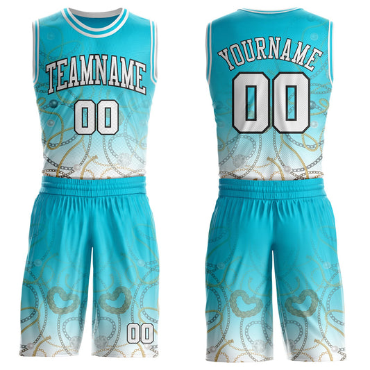Custom Lakes Blue White-Black Hiphop Gold Chain Round Neck Sublimation Basketball Uniform Jersey - Main View