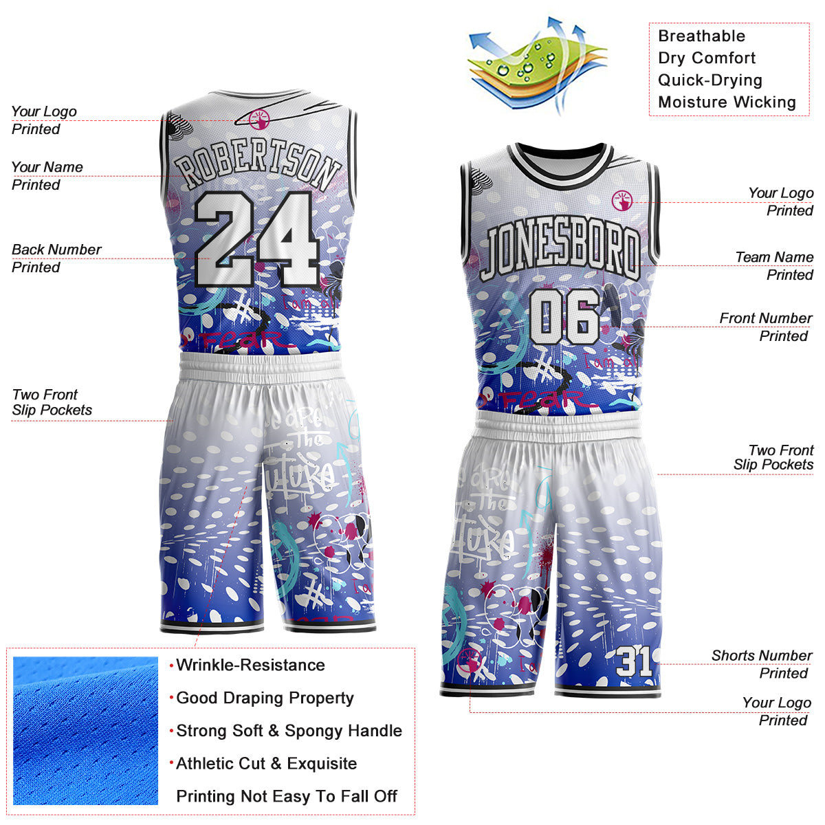 Custom White Blue-Black Hiphop Street Graffiti Round Neck Sublimation Basketball Uniform Jersey view 2