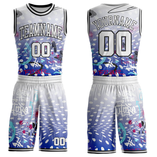 Custom White Blue-Black Hiphop Street Graffiti Round Neck Sublimation Basketball Uniform Jersey - Main View