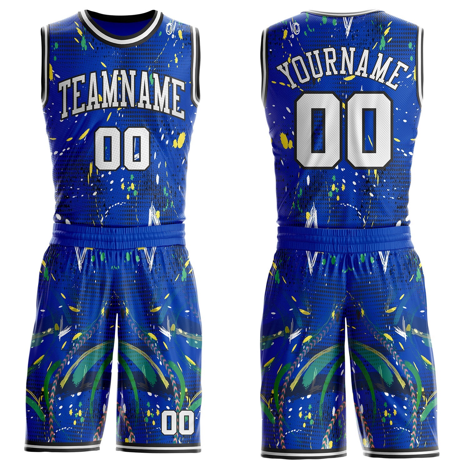 Custom Blue White-Black Splatter Paint Graffiti Round Neck Sublimation Basketball Uniform Jersey - Main View