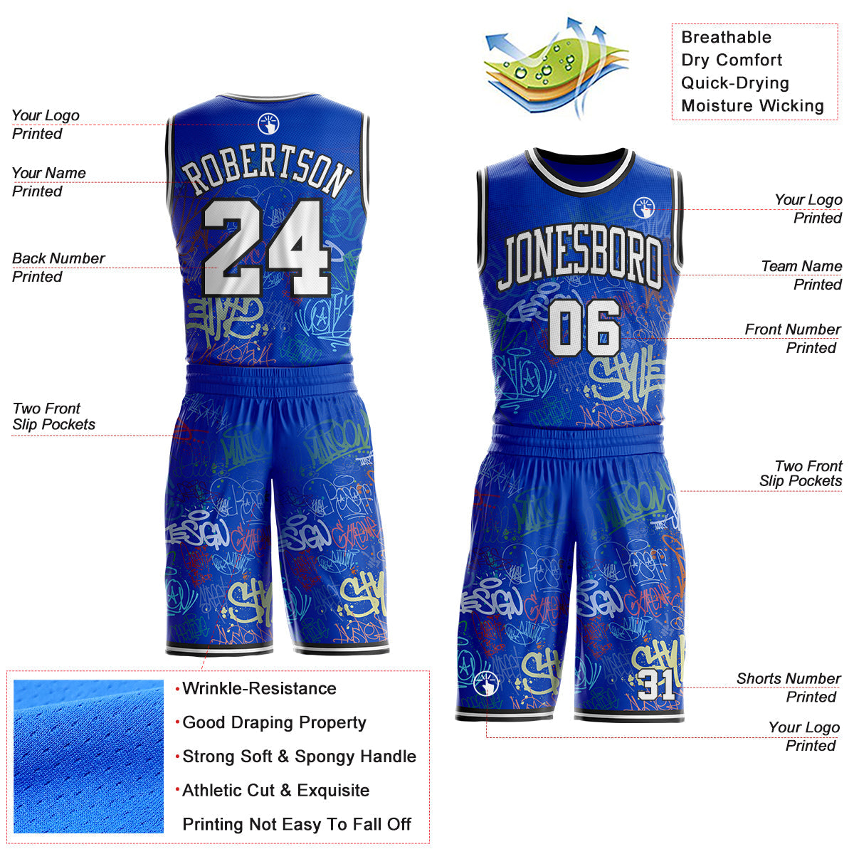 Custom Blue White-Black Hiphop Street Graffiti Round Neck Sublimation Basketball Uniform Jersey view 2
