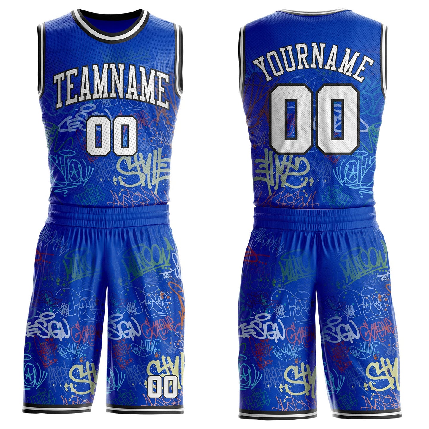 Custom Blue White-Black Hiphop Street Graffiti Round Neck Sublimation Basketball Uniform Jersey - Main View