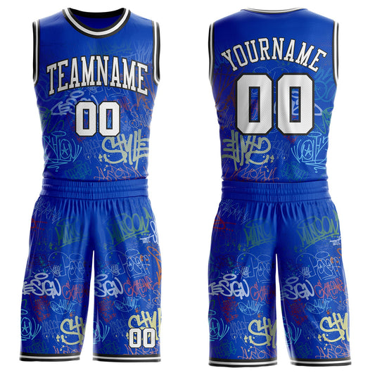 Custom Blue White-Black Hiphop Street Graffiti Round Neck Sublimation Basketball Uniform Jersey - Main View