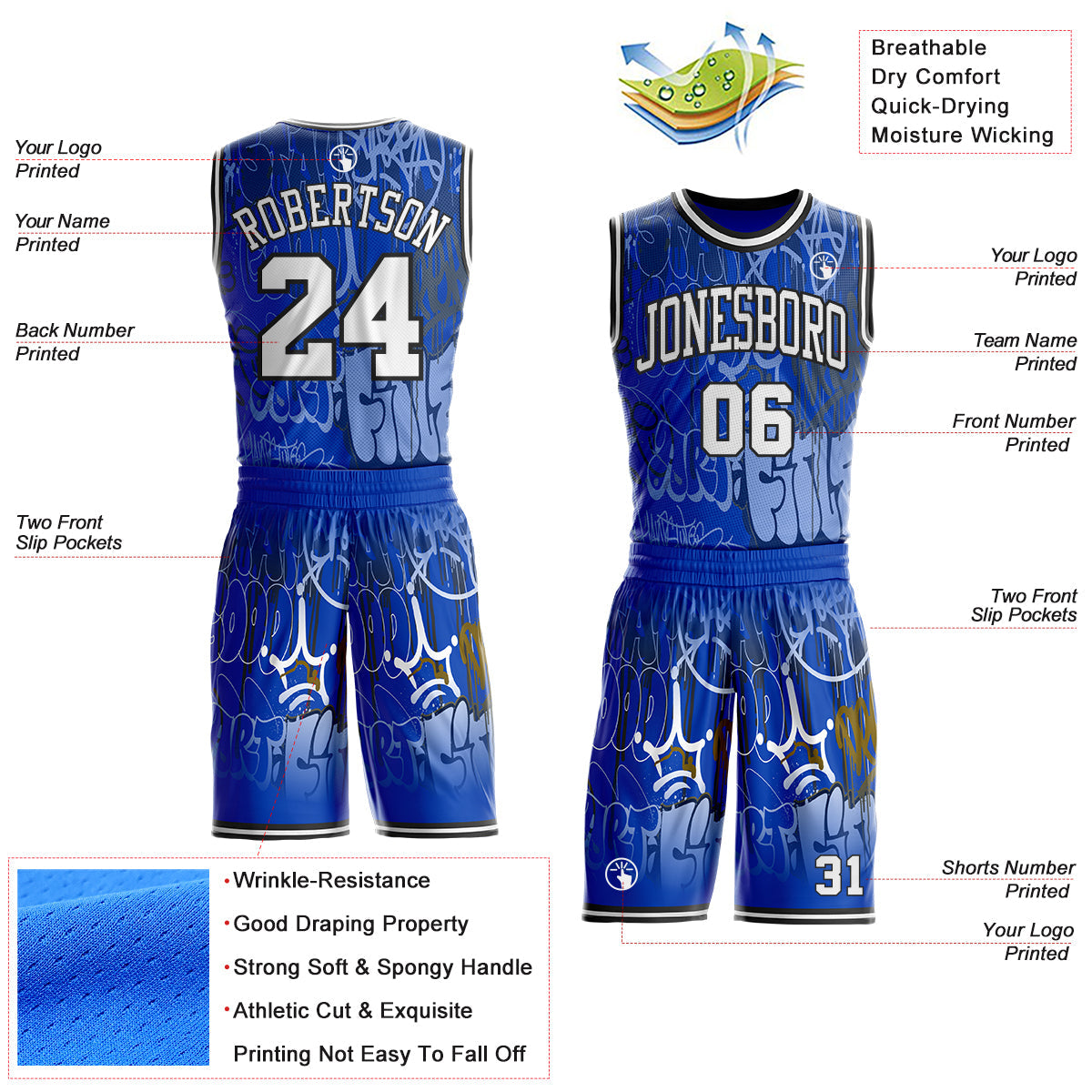 Custom Blue White-Black Hiphop Street Graffiti Round Neck Sublimation Basketball Uniform Jersey view 2