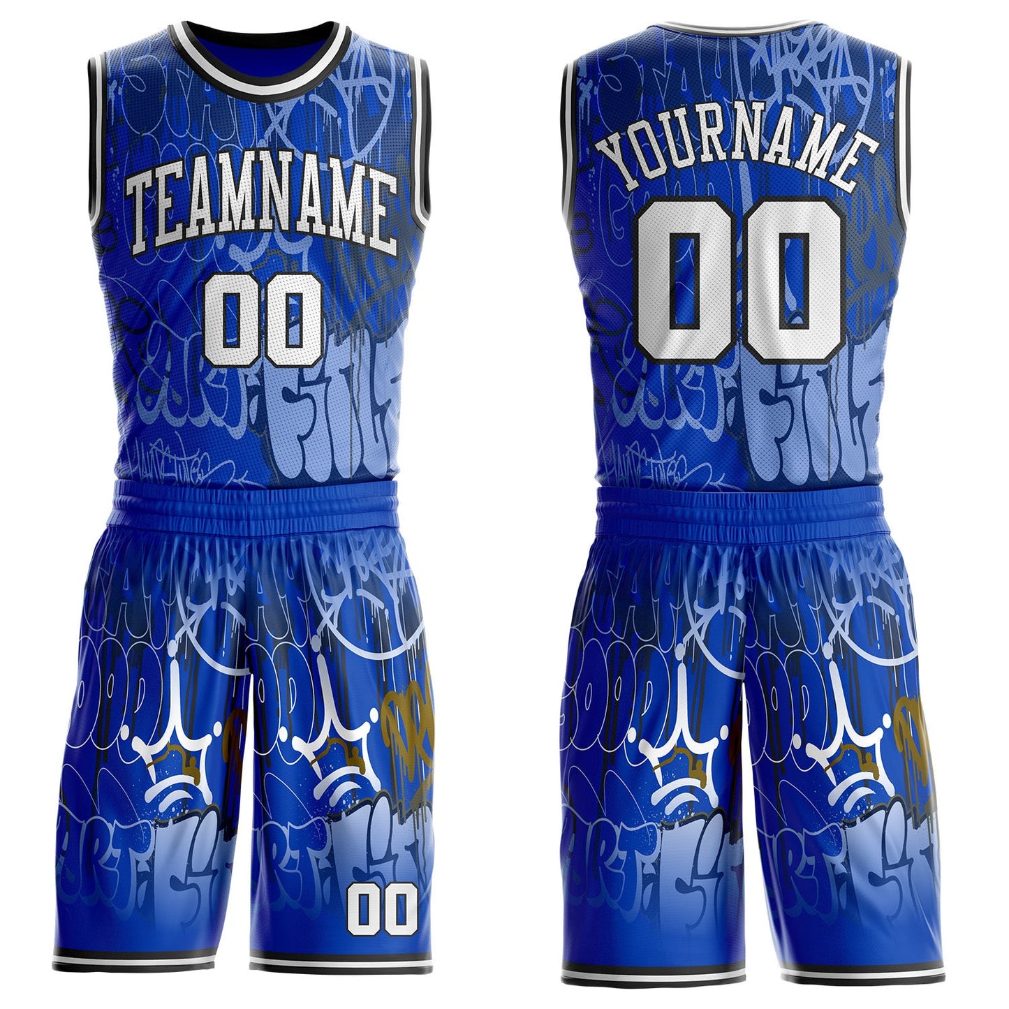 Custom Blue White-Black Hiphop Street Graffiti Round Neck Sublimation Basketball Uniform Jersey - Main View
