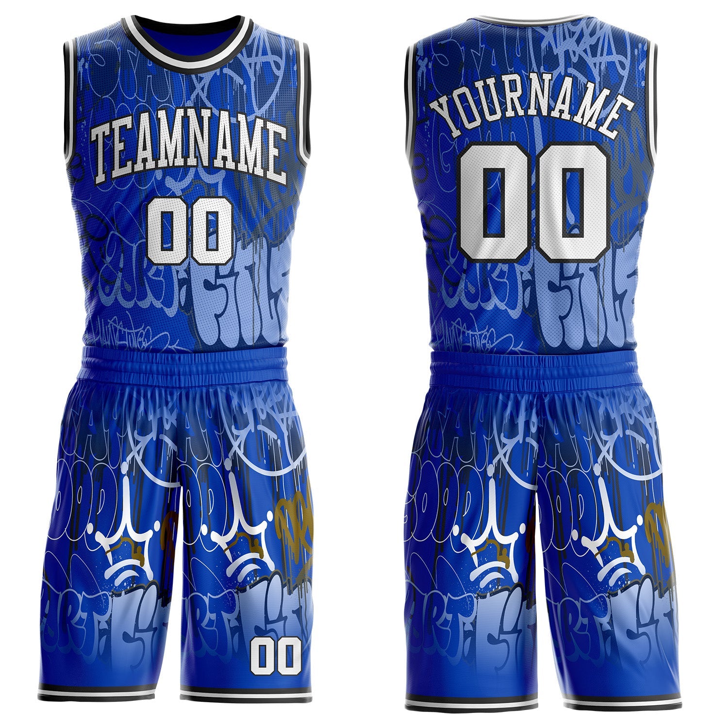 Custom Blue White-Black Hiphop Street Graffiti Round Neck Sublimation Basketball Uniform Jersey - Main View
