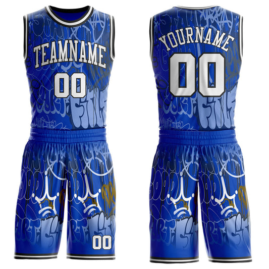 Custom Blue White-Black Hiphop Street Graffiti Round Neck Sublimation Basketball Uniform Jersey - Main View