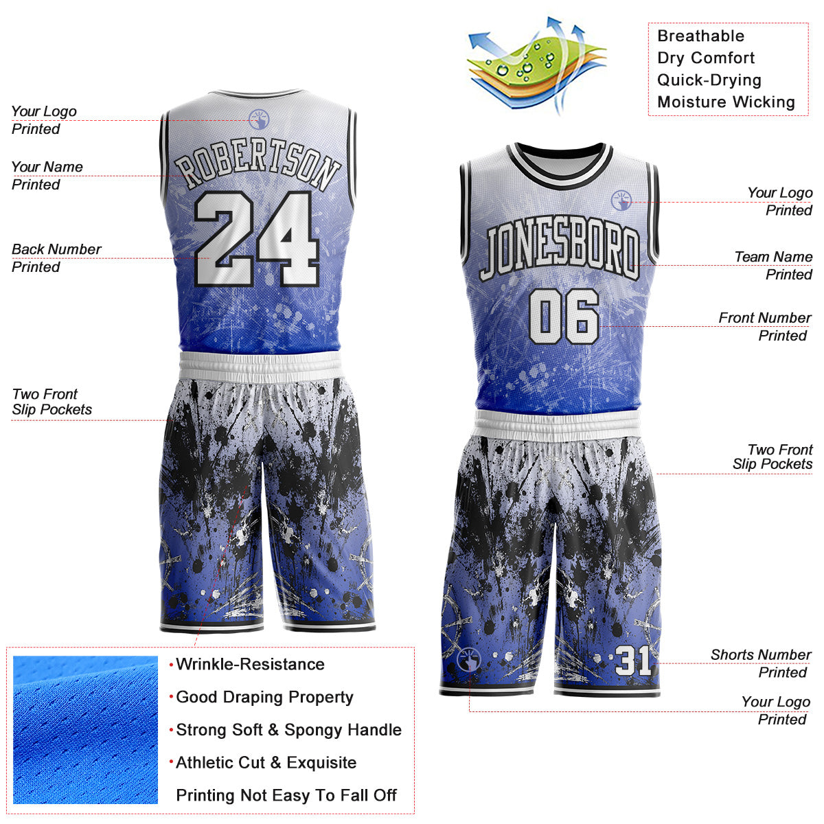 Custom Blue White-Black Hiphop Street Graffiti Splatter Round Neck Sublimation Basketball Uniform Jersey view 2