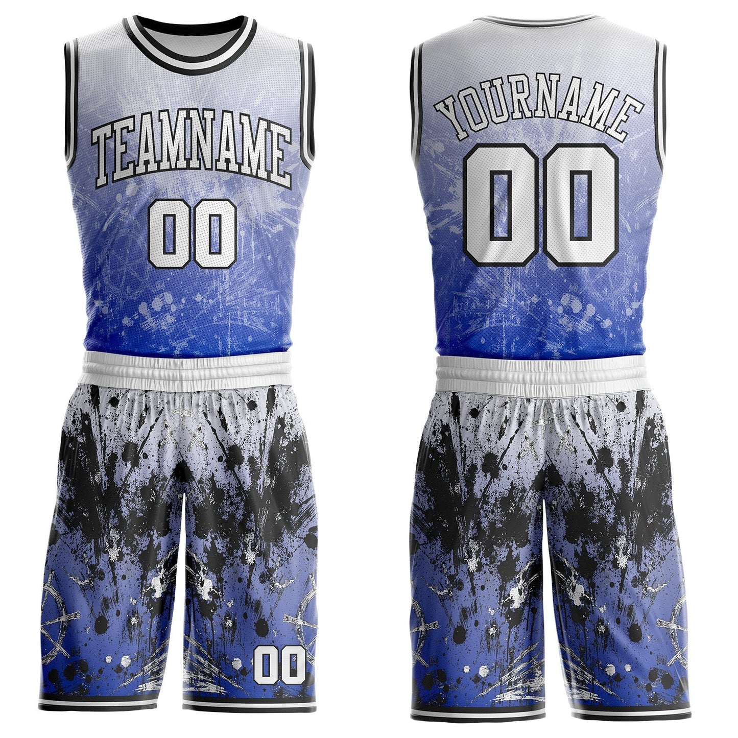 Custom Blue White-Black Hiphop Street Graffiti Splatter Round Neck Sublimation Basketball Uniform Jersey - Main View