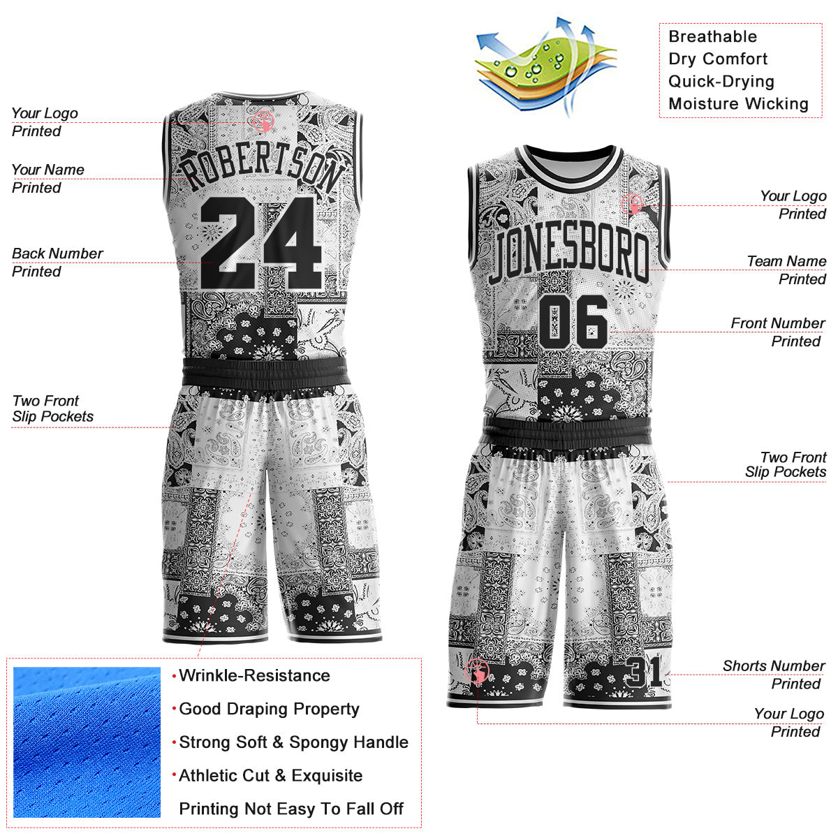 Custom White-Black Paisley Bandana Patchwork Round Neck Sublimation Basketball Uniform Jersey view 2