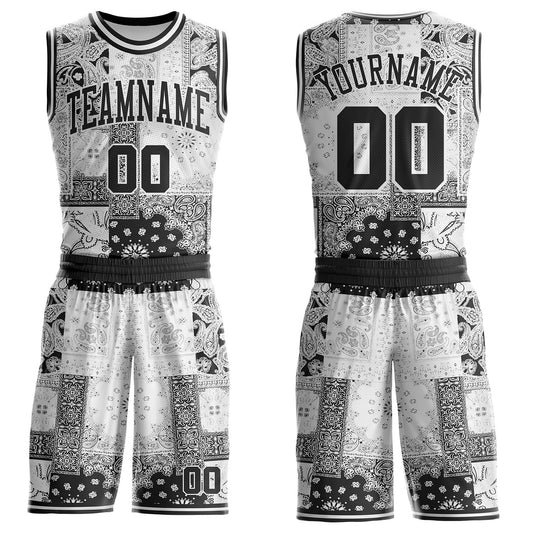 Custom White-Black Paisley Bandana Patchwork Round Neck Sublimation Basketball Uniform Jersey - Main View
