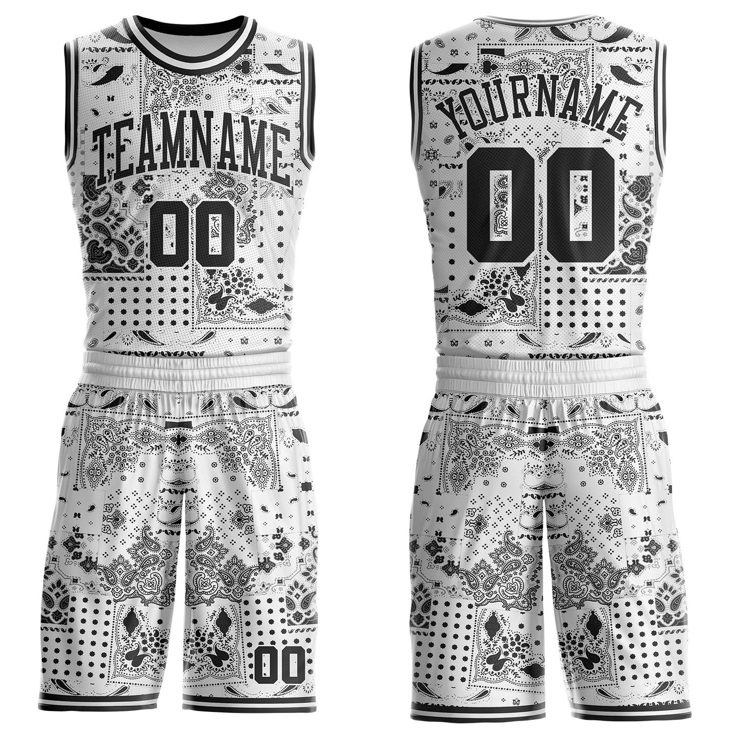 Custom White-Black Paisley Bandana Patchwork Round Neck Sublimation Basketball Uniform Jersey - Main View