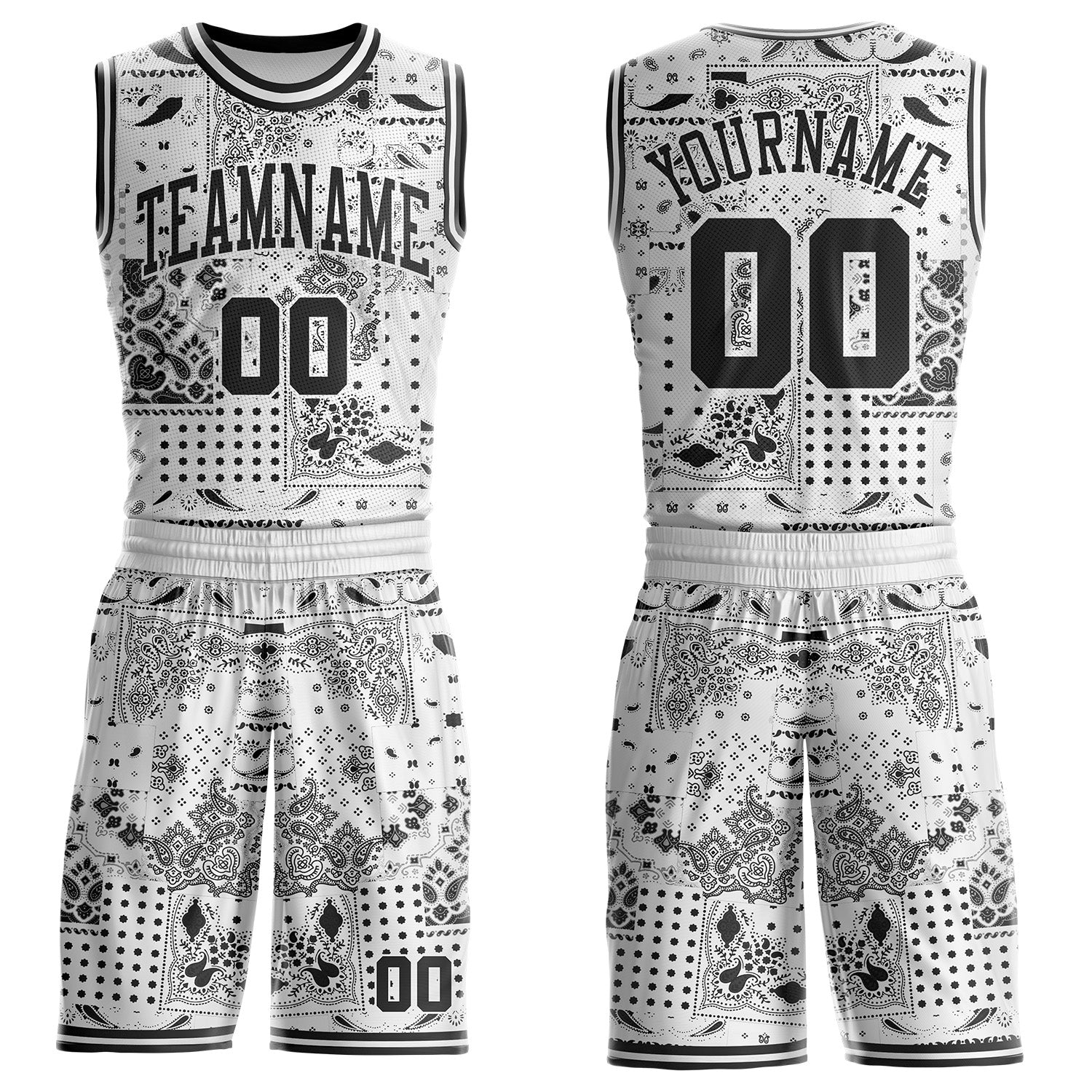 Custom White-Black Paisley Bandana Patchwork Round Neck Sublimation Basketball Uniform Jersey - Main View