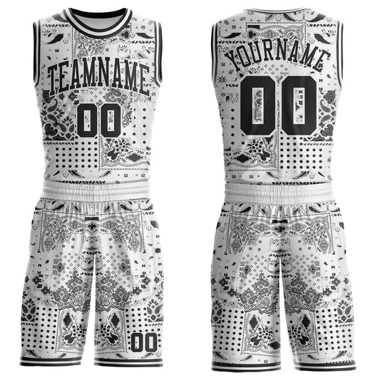Custom White-Black Paisley Bandana Patchwork Round Neck Sublimation Basketball Uniform Jersey - Main View