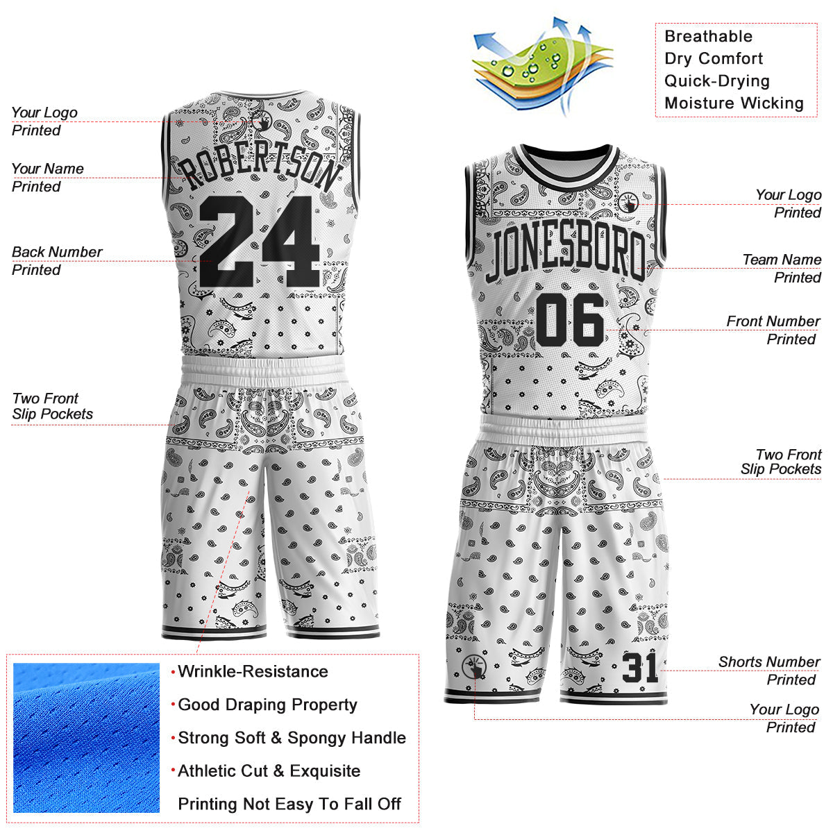 Custom White-Black Paisley Bandana Patchwork Round Neck Sublimation Basketball Uniform Jersey view 2