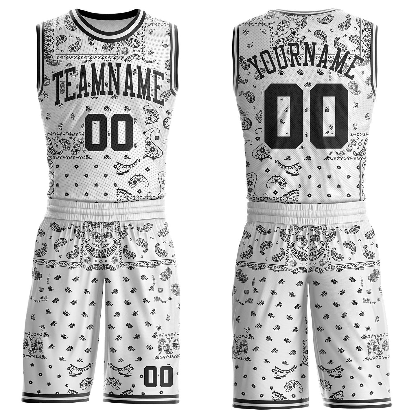 Custom White-Black Paisley Bandana Patchwork Round Neck Sublimation Basketball Uniform Jersey - Main View
