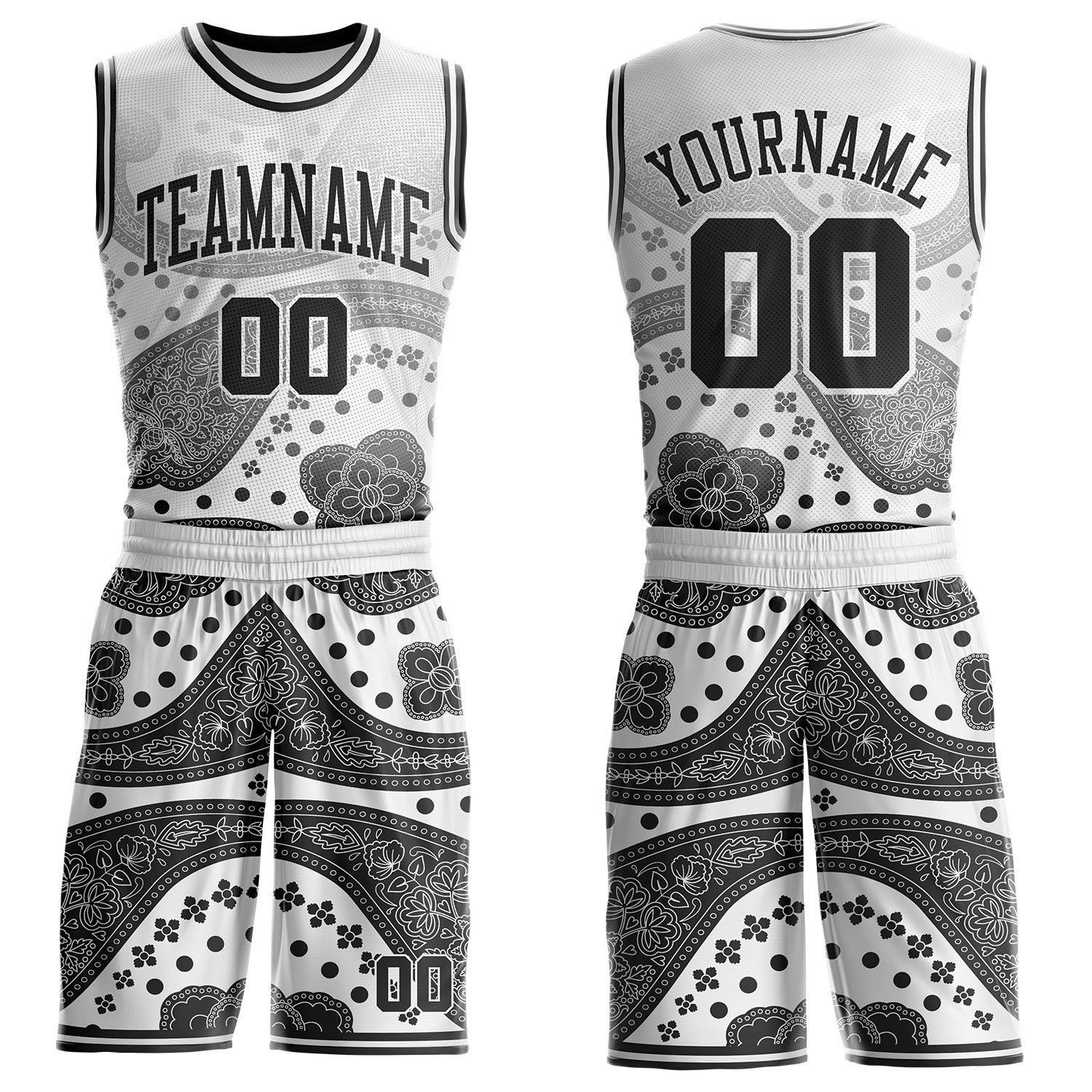 Custom Gray Black-White Paisley Bandana Patchwork Round Neck Sublimation Basketball Uniform Jersey - Main View