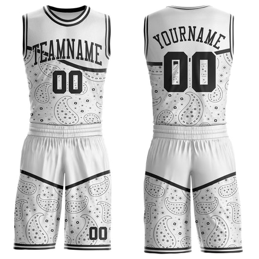 Custom White-Black Paisley Bandana Round Neck Sublimation Basketball Uniform Jersey - Main View