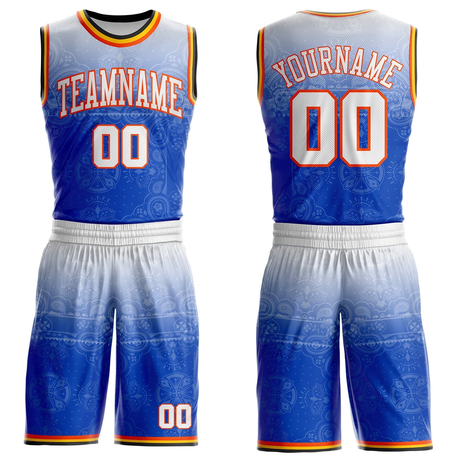 Custom Blue White Orange Black-Yellow Gradient Bandana Paisley Round Neck Sublimation Basketball Uniform Jersey - Main View