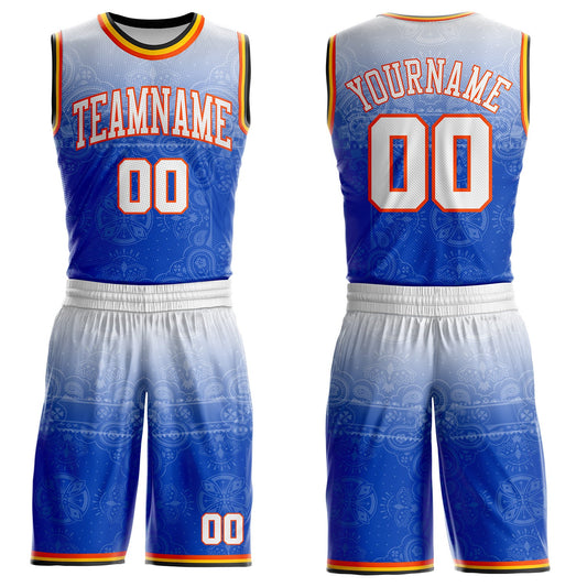 Custom Blue White Orange Black-Yellow Gradient Bandana Paisley Round Neck Sublimation Basketball Uniform Jersey - Main View