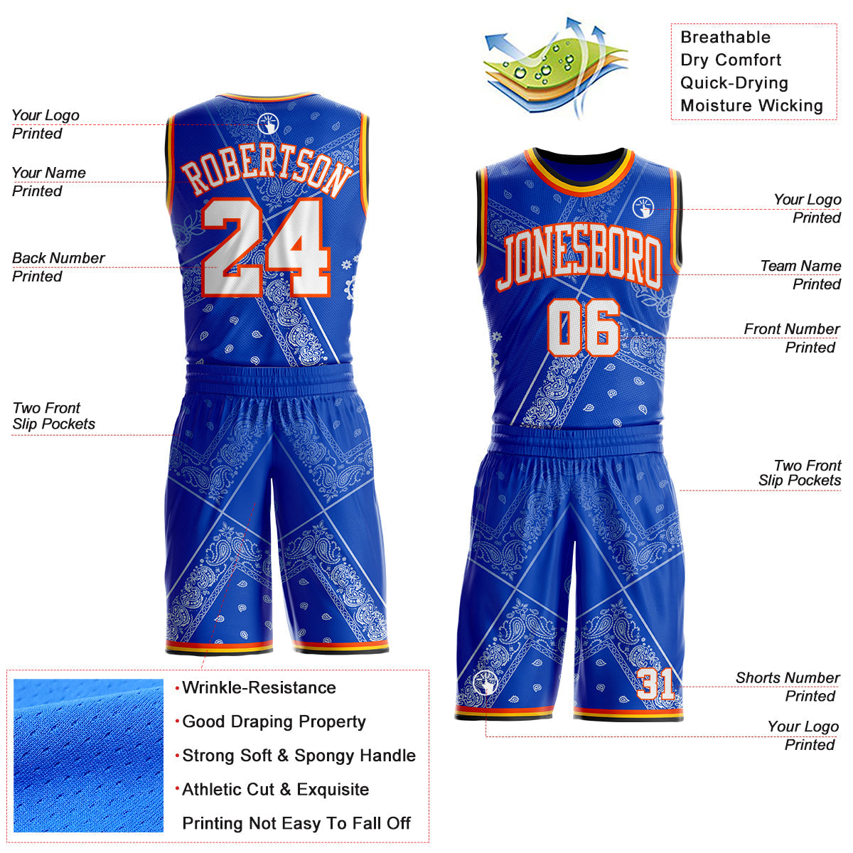 Custom Blue White Orange Black-Yellow Paisley Bandana Round Neck Sublimation Basketball Uniform Jersey view 2