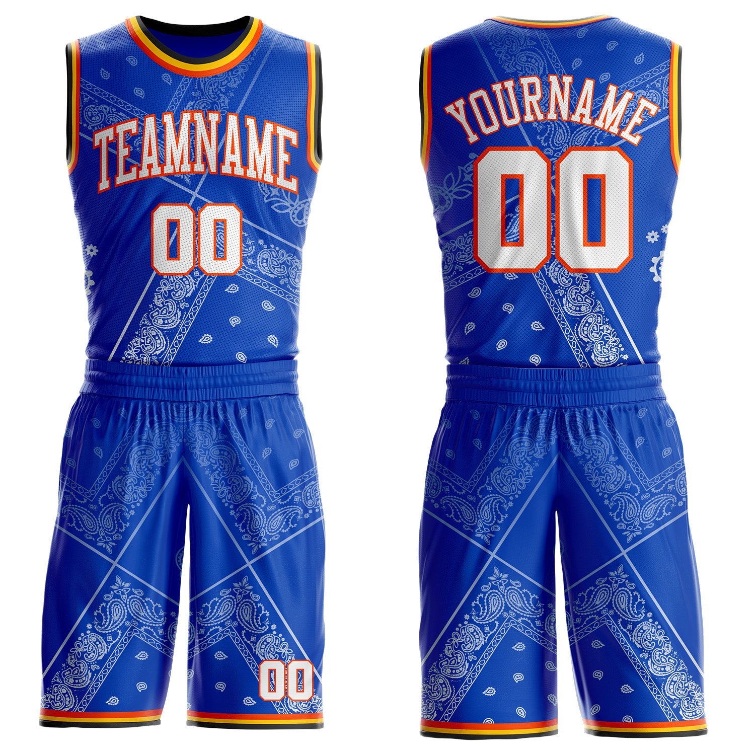 Custom Blue White Orange Black-Yellow Paisley Bandana Round Neck Sublimation Basketball Uniform Jersey - Main View