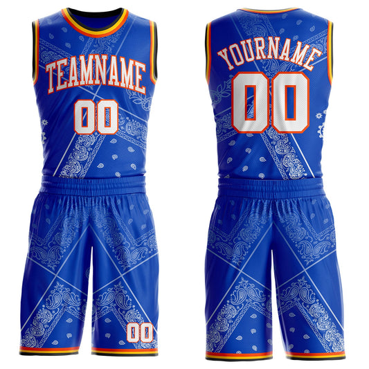 Custom Blue White Orange Black-Yellow Paisley Bandana Round Neck Sublimation Basketball Uniform Jersey - Main View