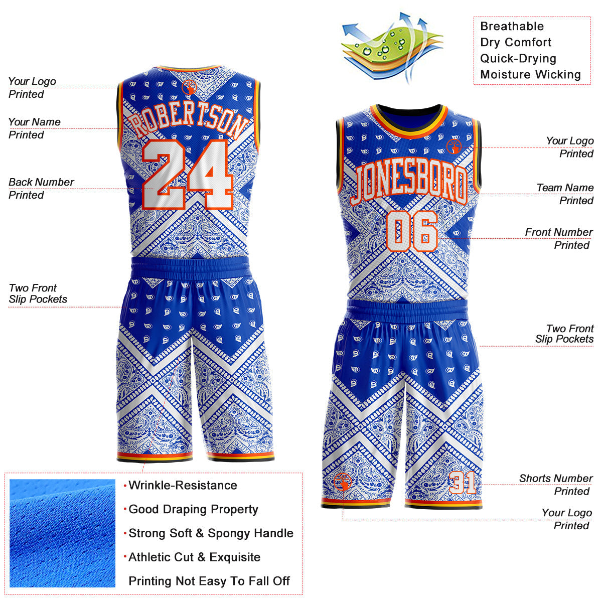 Custom Blue White Orange Black-Yellow Paisley Bandana Patchwork Round Neck Sublimation Basketball Uniform Jersey view 2