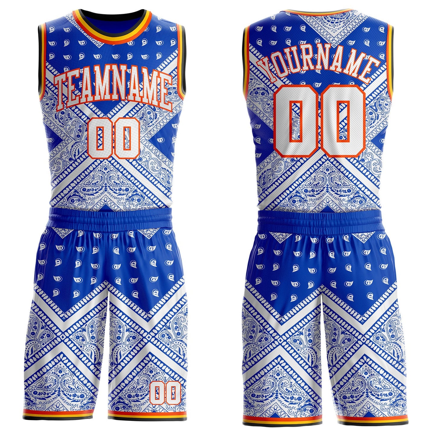 Custom Blue White Orange Black-Yellow Paisley Bandana Patchwork Round Neck Sublimation Basketball Uniform Jersey - Main View