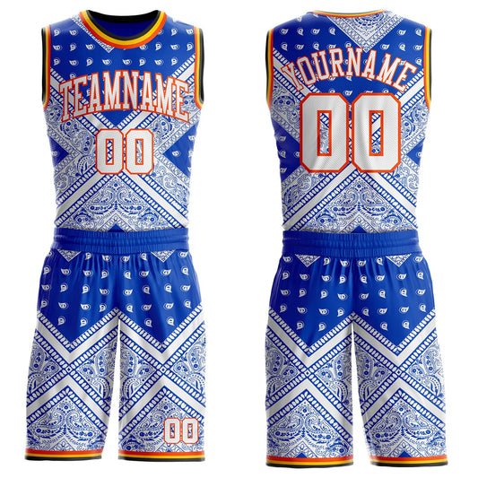 Custom Blue White Orange Black-Yellow Paisley Bandana Patchwork Round Neck Sublimation Basketball Uniform Jersey - Main View