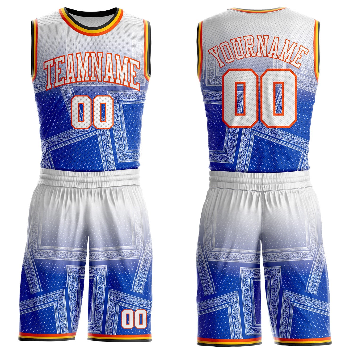 Custom Blue White Orange Black-Yellow Gradient Bandana Paisley Round Neck Sublimation Basketball Uniform Jersey - Main View
