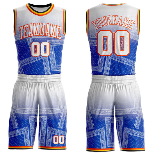 Custom Blue White Orange Black-Yellow Gradient Bandana Paisley Round Neck Sublimation Basketball Uniform Jersey - Main View
