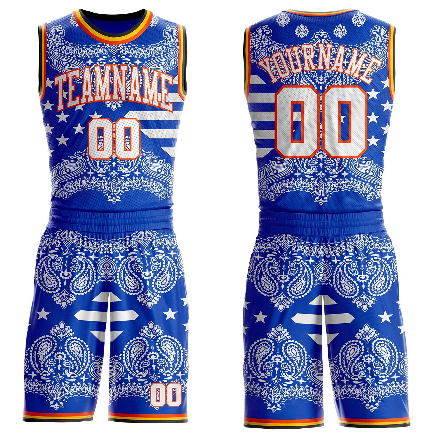 Custom Blue White Orange Black-Yellow Paisley Bandana Round Neck Sublimation Basketball Uniform Jersey - Main View