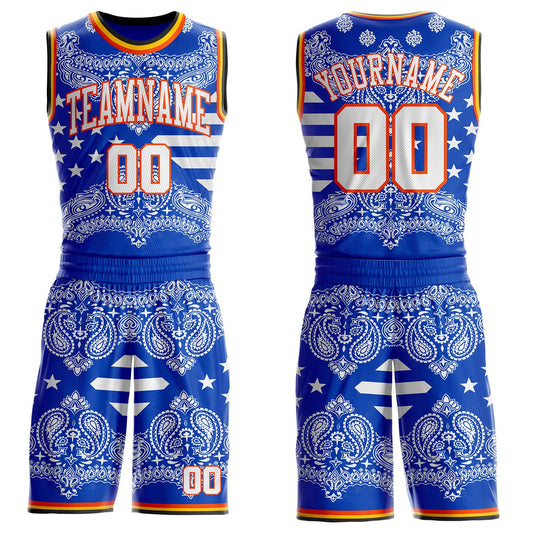 Custom Blue White Orange Black-Yellow Paisley Bandana Round Neck Sublimation Basketball Uniform Jersey - Main View