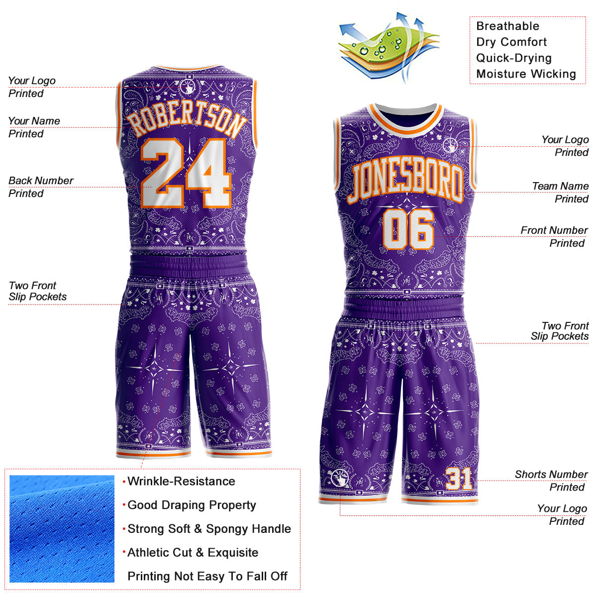 Custom Purple White-Bay Orange Paisley Bandana Round Neck Sublimation Basketball Uniform Jersey view 2