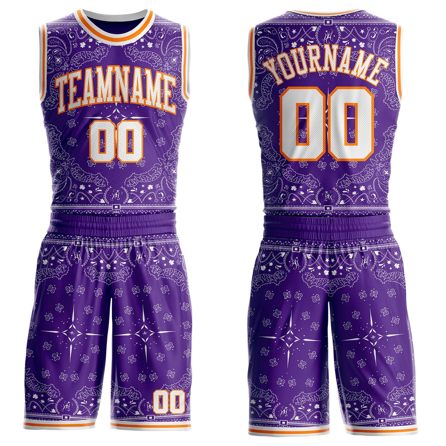Custom Purple White-Bay Orange Paisley Bandana Round Neck Sublimation Basketball Uniform Jersey - Main View